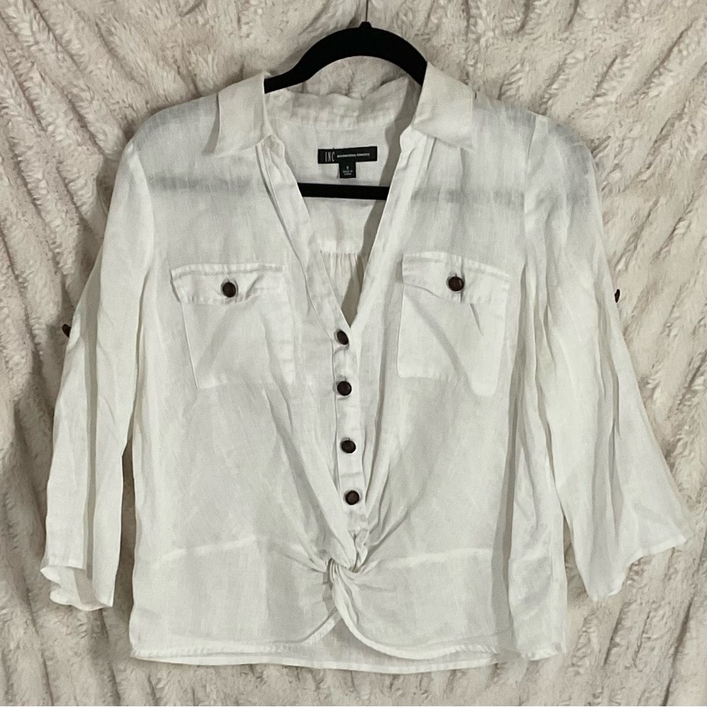 INC International Concepts White Long Sleeve V-Neck Button-Down Shirt